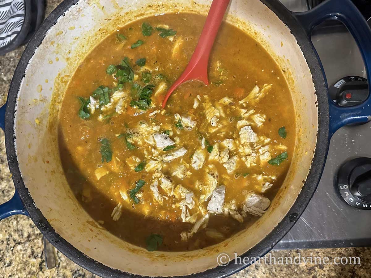 Shredded chicken and fresh parley add to a soup pot on the stove.
