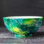 Bowl with alcohol ink and plastic wrap technique in blue and green.