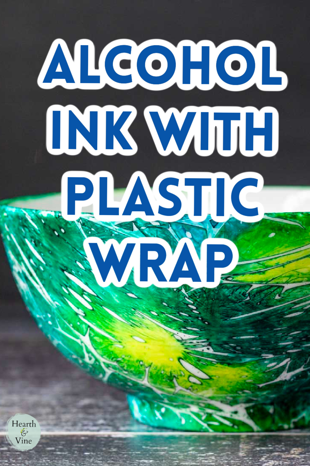 Alcohol ink painting ceramic bowl in blues and greens.