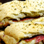 Close up view of slices of Italian Stromboli.