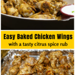 Platter of baked chicken wings with dipping sauce over the same on a baking pan.