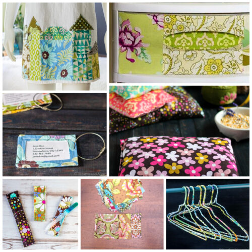 Collage of charm pack projects including luggage tags, an apron, corn bags, nail file holder and mug mats.