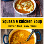 A serving bowl of butternut squash soup with cream over the entire pot.