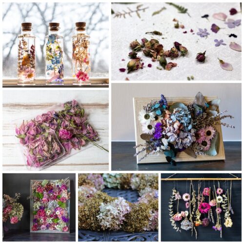 A collage of dried flower crafts including sachets, herbariums, handmade paper, and wall decor.