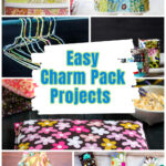 A collage of fabric crafts using charm packs including mug mats, nail file holders, hangers and more.