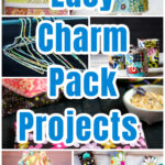 Collage of charm pack ideas including mug mats, nail file holders, aprons and sore muscle bags.