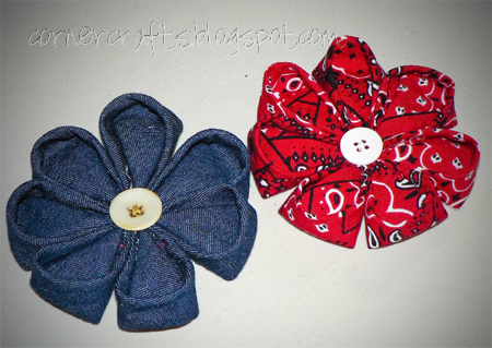 Blue and red fabric flower bows.