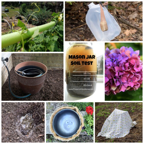 Collage of garden hacks including pool noodles, a hose pot, sheets and more.