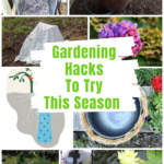 A collage of gardening hack images including a hose container, pink hydrangeas, a garden pond and more.