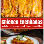 A pan of chicken enchiladas over a serving plate of two enchiladas with sour cream and cilantro leaves.