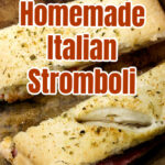 Slices of Italian stromboli on a baking stone.