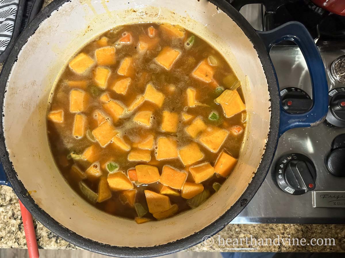 Chunks of butternut squash in broth and chopped veggies in a large dutch oven.