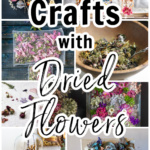 Collage of dried flower crafts including a sachets, wall hangings, handmade paper, ornaments and potourri.