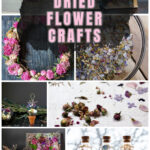 Collage of dried flower crafts including a dried peony wreath, a wall hanging, handmade paper and herbarium bottles.