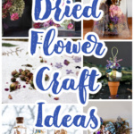 Collage of dried flower crafts including ornaments, handmade paper, ornaments and wall hangings.