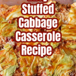 A partial view of a pan of stuffed cabbage casserole.