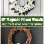 A magnolia wreath on a white door over the supplies to make the wreath.