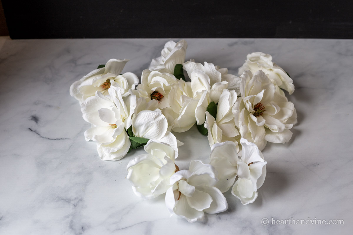 A group of white magnolia flowers on a table.