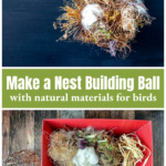Nesting materials for bird ball hanging over a box of supplies to make one.
