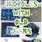 Collage of upcycled denim including a placemat, garden apron, pockets and more.