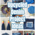 A group of denim projects including earrings, wall hangings, a wreath, a bag and more.