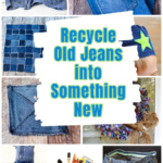 Collage of upcycled denim projects, including bags, aprons, home decor and more.
