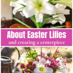 Easter lily flowers over a centerpiece with Easter lilies and other spring flowers.