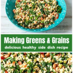 Bowl of greens and grains over a close up of the same.