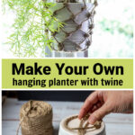 Asparagus fern in a macrame hanging planter, over twine circle on bottom of a pot.