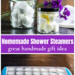 Jars of shower steamers over a ice cube tray of the same.