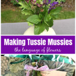 Tussie mussie in a bud vase over the tussie mussie tied to a bag.