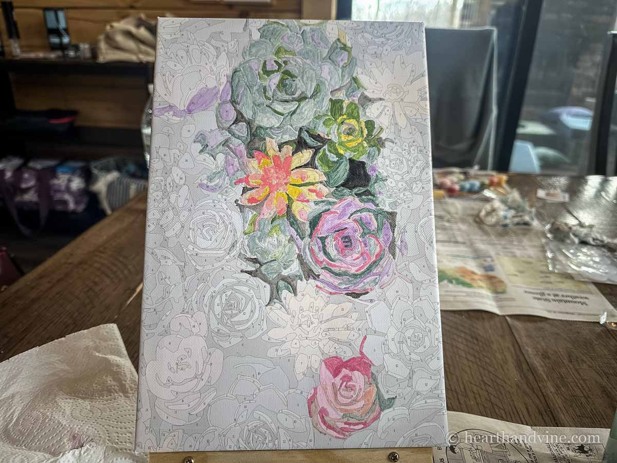 Paint by numbers for adult partially painted of a group of succulent plants.
