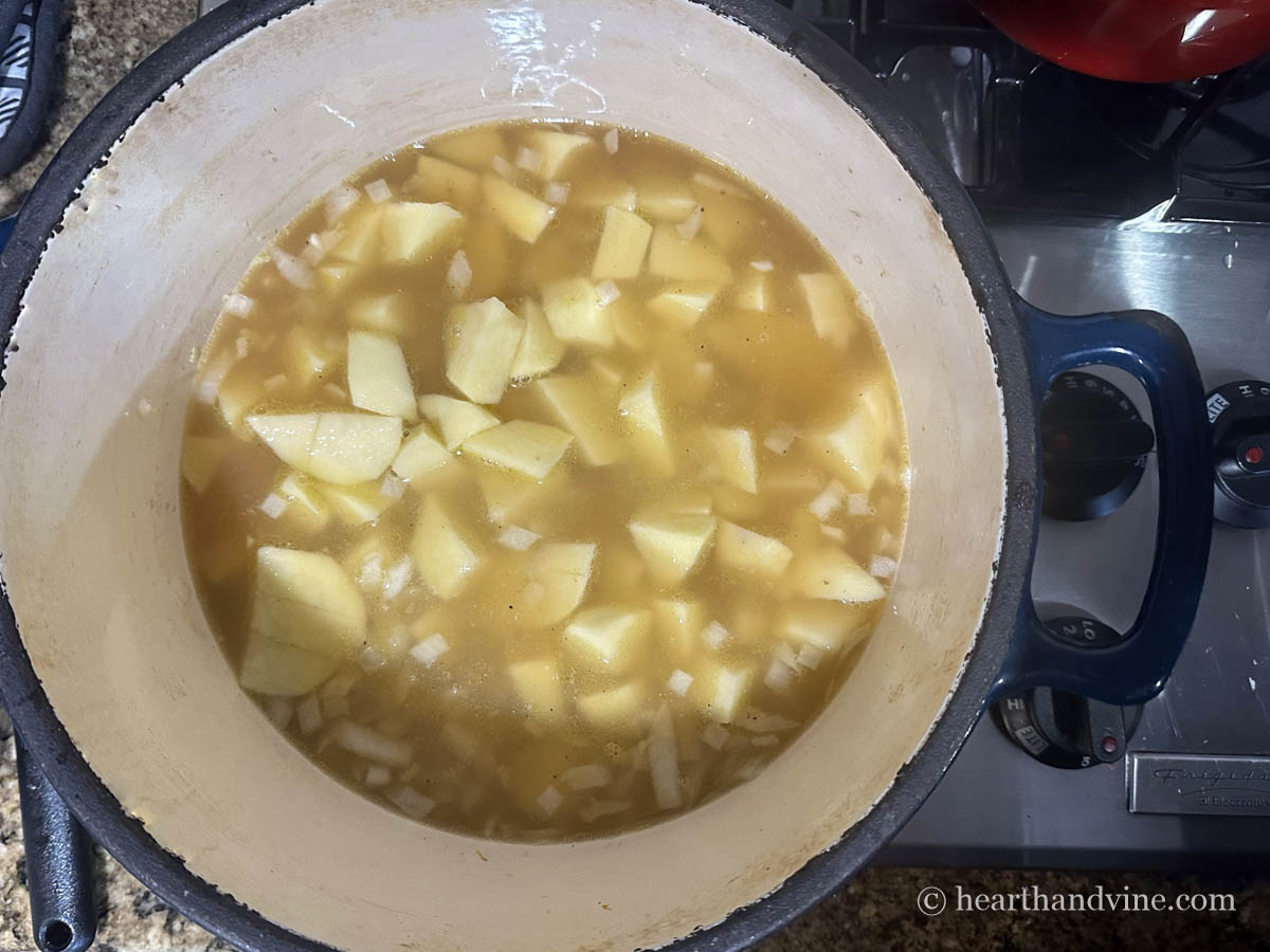 Onions, seasoning, and potatoes simmering in chicken bone broth.