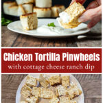 A chicken pinwheel half dipped into cottage cheese ranch over a plate of halved pinwheels.