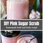 Open jar of blush pink sugar scrub over the same with aerial view.