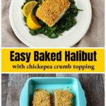 Plated baked halibut with chickpea crumbs over fillet in a blue baking dish.
