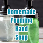 Green mason jar and clear glass soap dispensers.