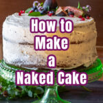 Top view of a chocolate naked cake with white icing, figs, berries and mint leaves.