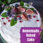 Top view of a chocolate naked cake with white icing, figs, berries and mint leaves.