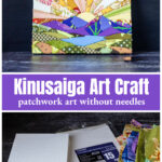 Kinusaiga art in the form of a sunrise over the supplies including foam board, adhesive sheets and fabric.