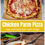 An entire chicken parm pizza over a slice of the same.