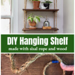 DIY hanging shelves over manilla rope with tape on the ends.