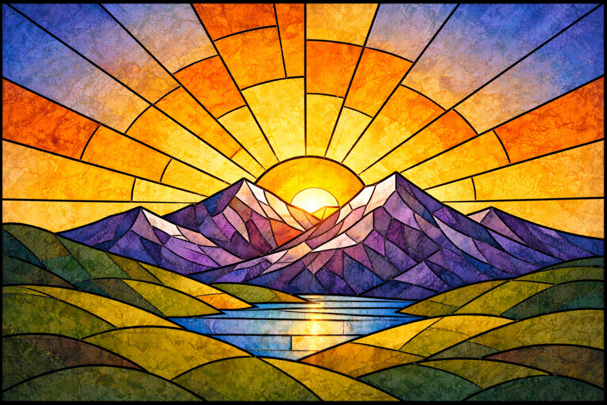 A full color image of a sunrise over mountains and a river in the center.
