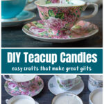 A floral teacup candle over a group of other different patterns of teacups.