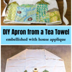 Completed appliqued tea towel apron over the same showing the bottom scene.