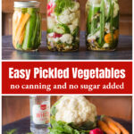 Three pickled vegetable jars over the ingredients including spices and vinegar.