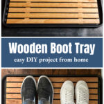 Wooden boot tray empty over the same with two pairs of shoes.