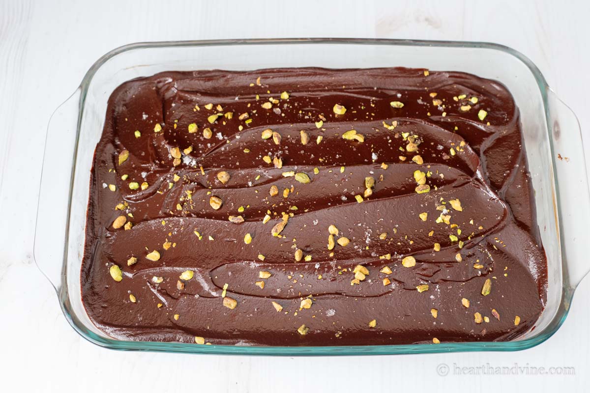 Pistachio chocolate bars in a 9 x 13 pan.