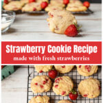 Strawberry cookie facing over several on a cooling rack.
