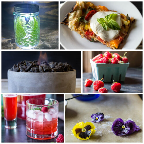 Collage of summer solstice ideas including a fern lantern, grilled pizza, strawberries, a fire pit and more.